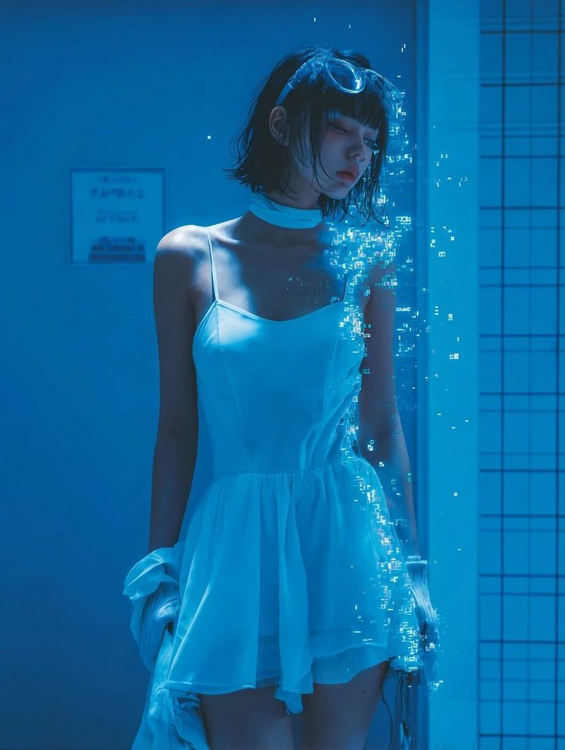 A young woman with short black hair and bangs, wearing a white slip dress and goggles on her head, stands in a blue-lit room with digital particles emanating from her right side.