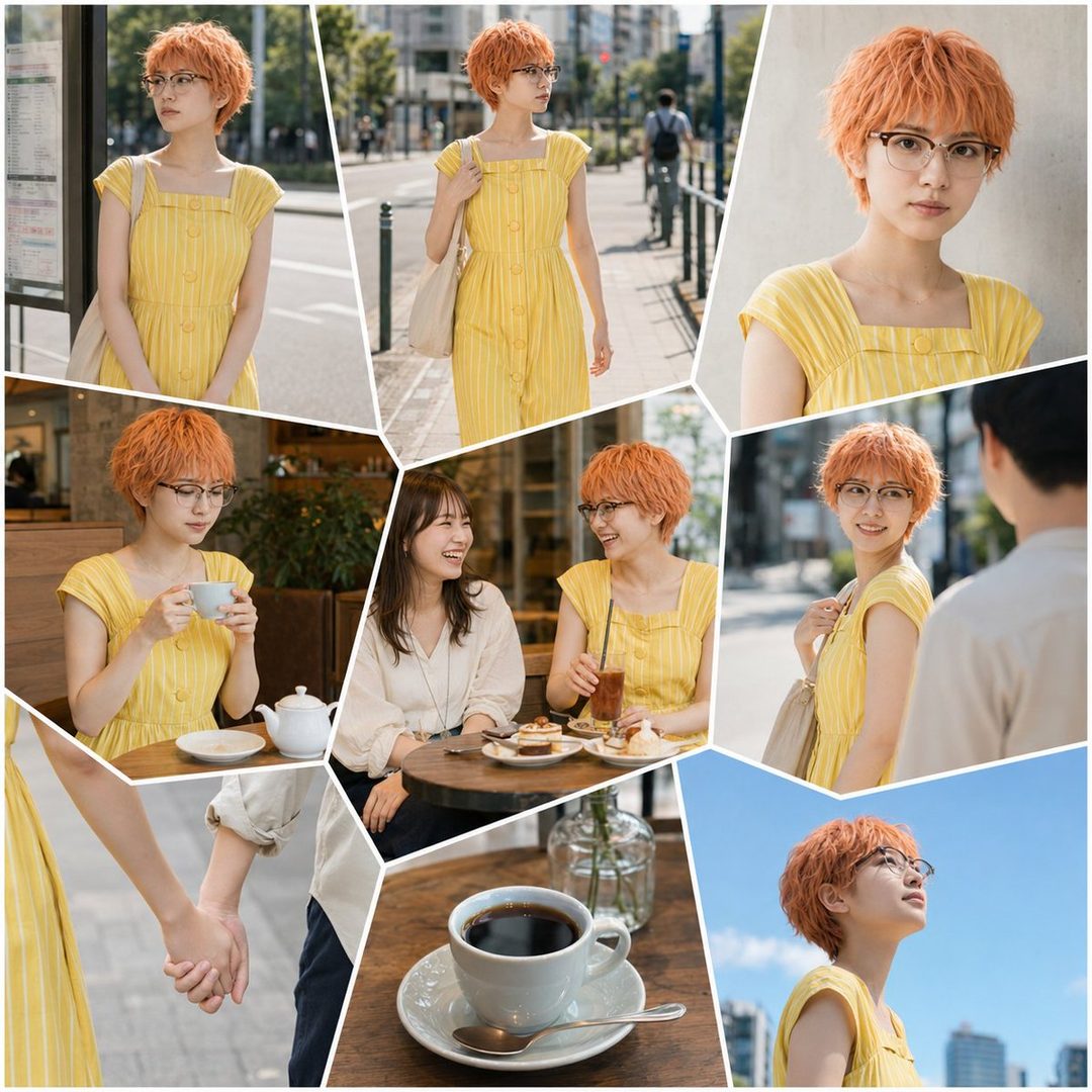 A collage of photos featuring a young woman with short orange hair and glasses, wearing a yellow striped dress, in various everyday settings like a street, cafe, and outdoors.