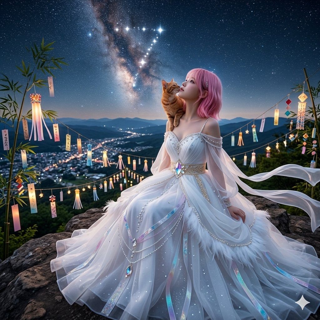 A young woman with pink hair in a white dress sits on a rock under a starry night sky, with a cat on her shoulder and traditional Japanese Tanabata decorations.