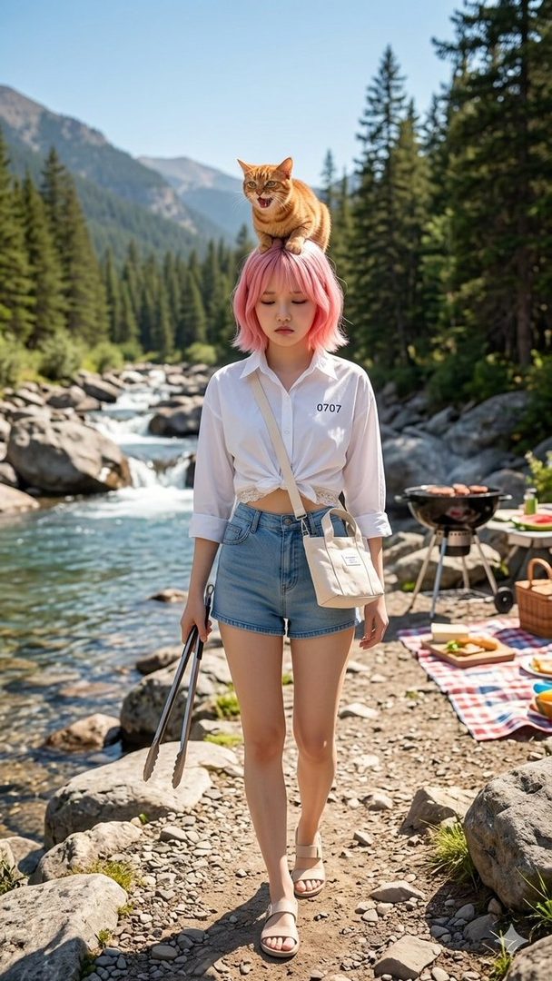 A young woman with pink hair walks by a river with a cat on her head, a barbecue grill is set up nearby.