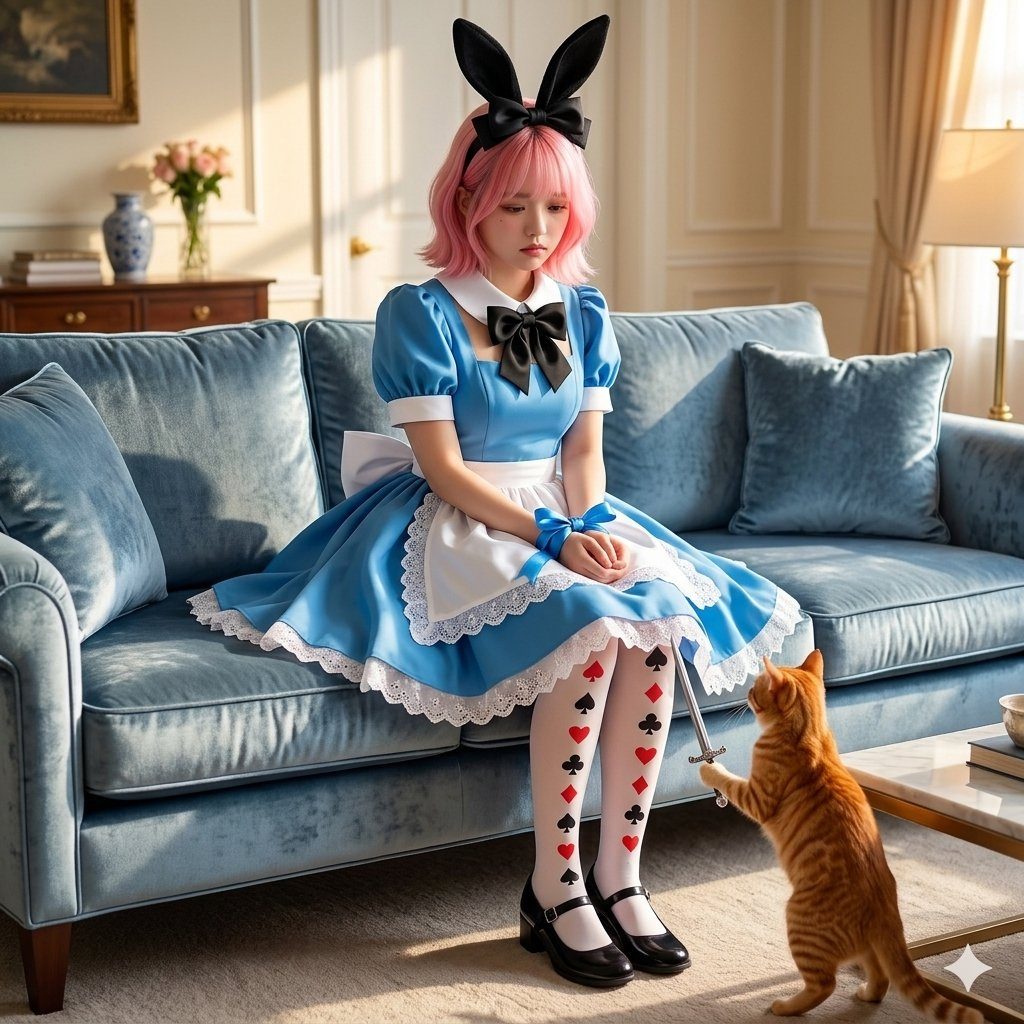 A young woman with pink hair, dressed as Alice in Wonderland, sits on a blue sofa with bunny ears, looking down at a cat.