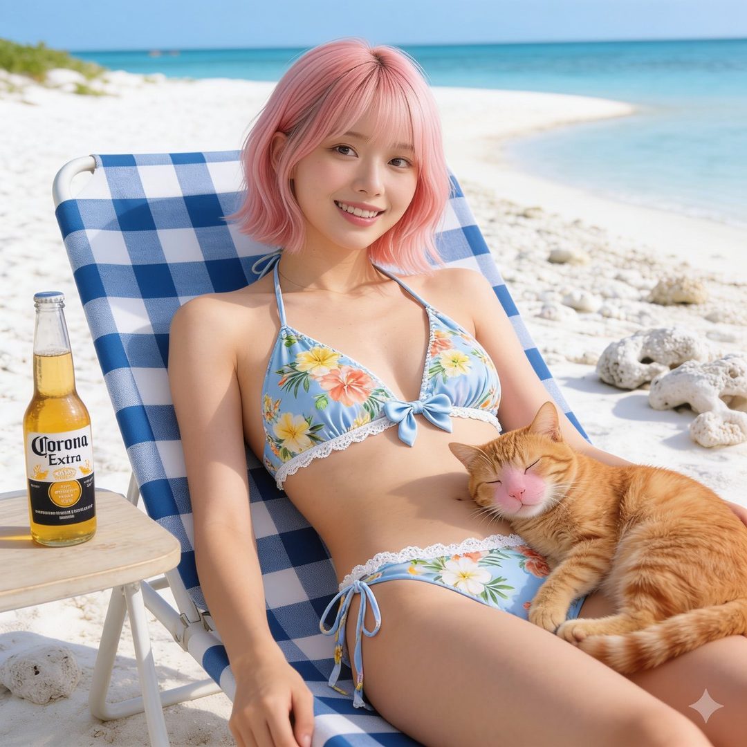 A young woman with short pink hair in a floral bikini sits on a beach chair with a cat on her lap, a bottle of Corona Extra on a side table.