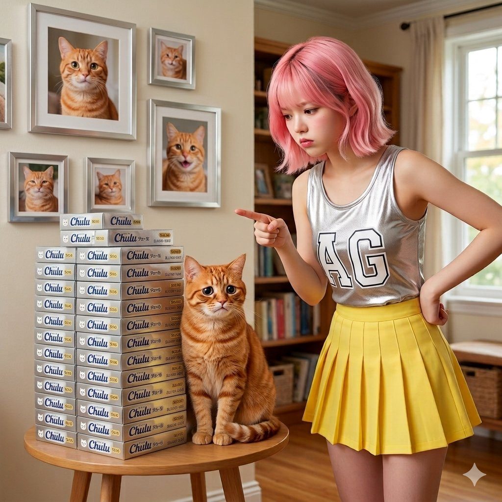 A young woman with pink hair points at a cat sitting on a stack of boxes in a room with framed cat pictures on the wall.