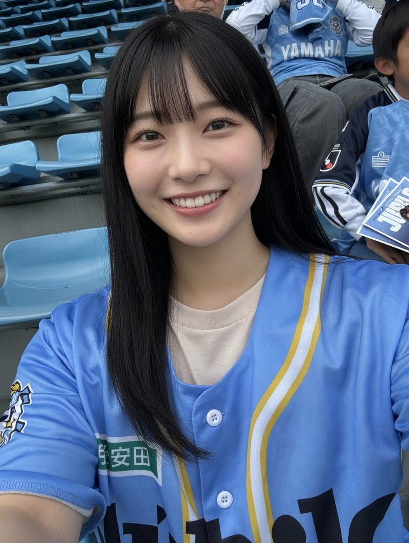 A young Japanese woman with long black hair and bangs smiles brightly while wearing a light blue baseball jersey in a stadium.