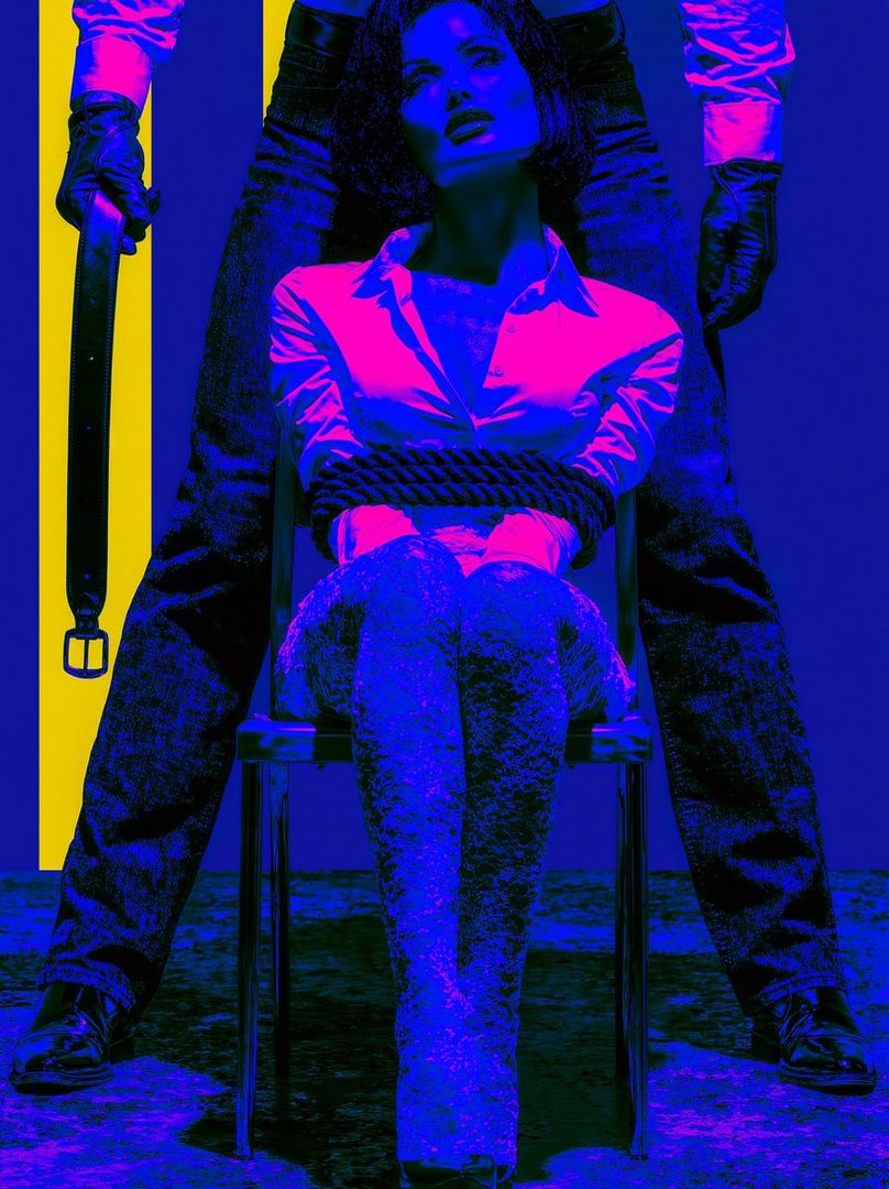 A woman is tied to a chair with rope, with another person standing behind her holding a belt. The image has a strong blue and pink color scheme.