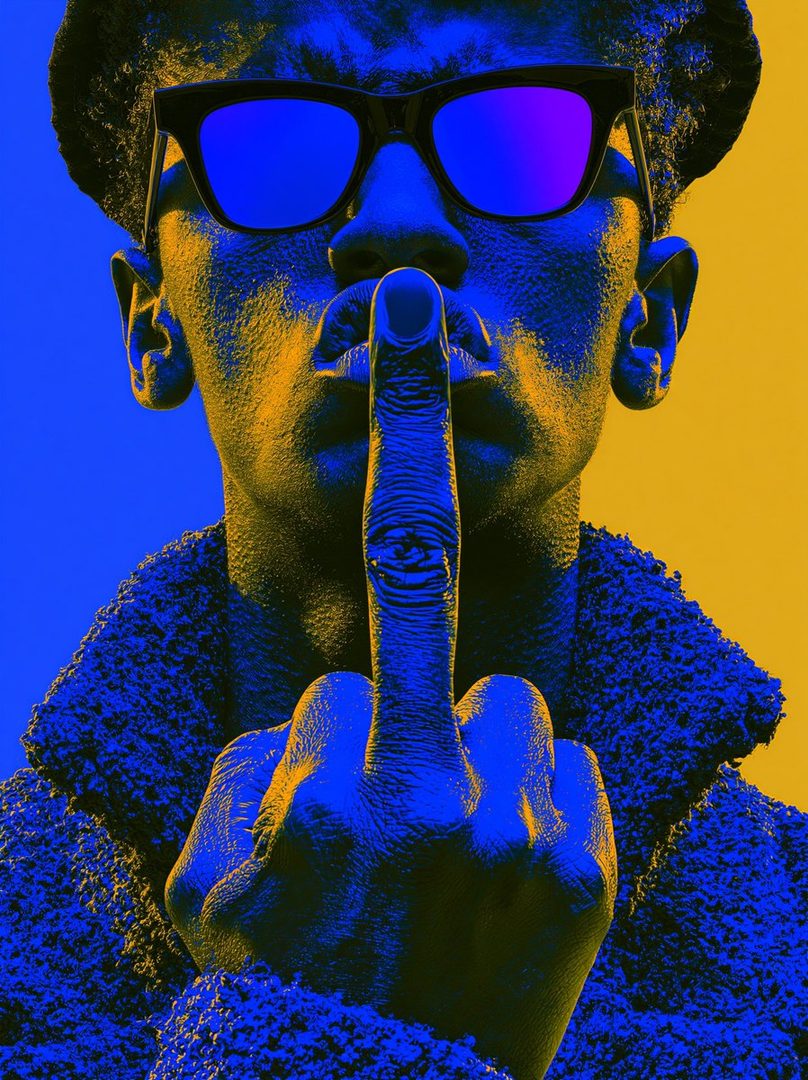 A close-up portrait of a person wearing sunglasses and a hat, holding a finger to their lips in a shushing gesture, with a blue and yellow color scheme.