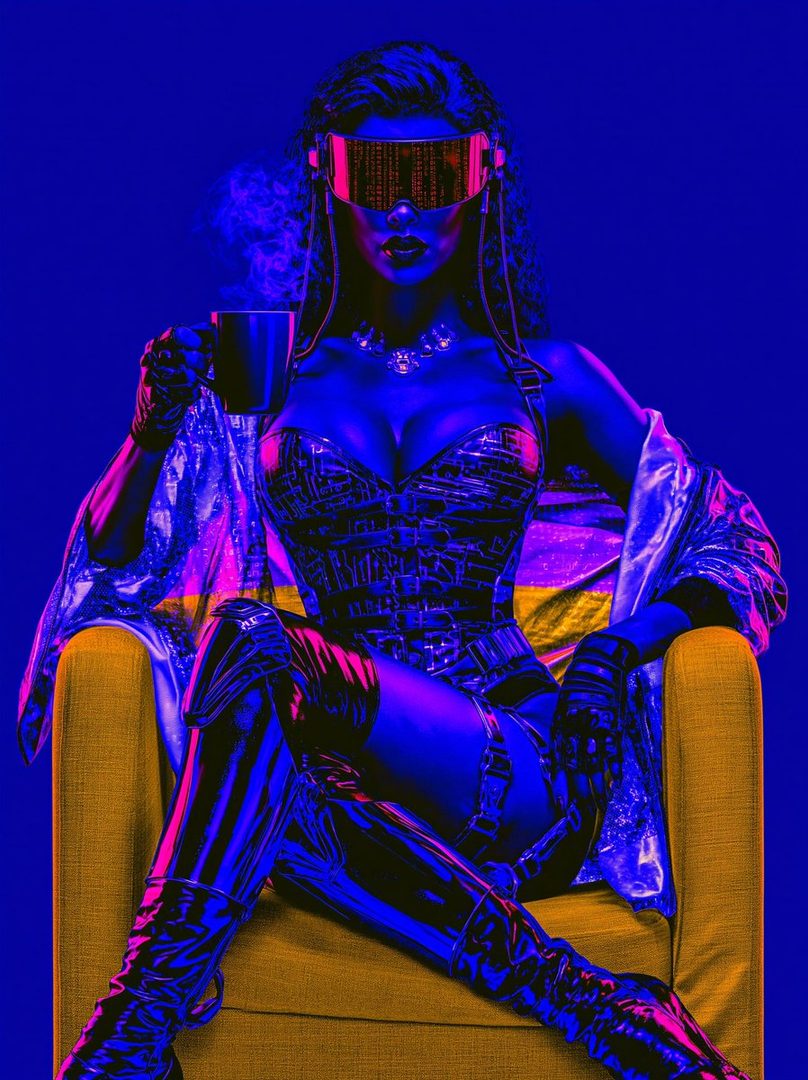A woman in futuristic attire, wearing VR goggles and a corset, sits in a chair holding a coffee cup, with a cyberpunk aesthetic.