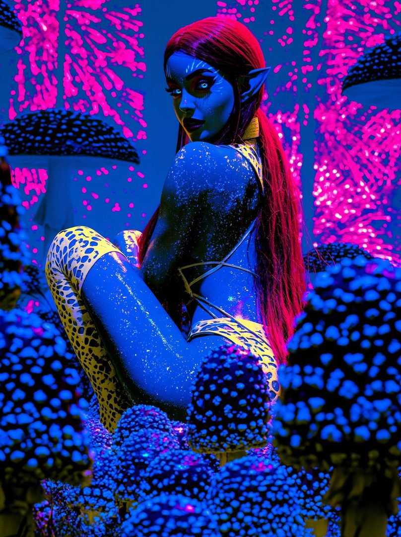A blue-skinned woman with long red hair and pointed ears, wearing a yellow leopard print outfit, poses in a glowing neon blue and pink mushroom forest.