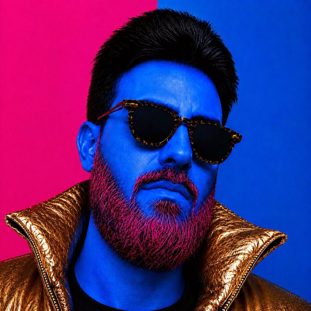 A man with blue skin, pink beard, and sunglasses, wearing a golden jacket, against a pink and blue background.