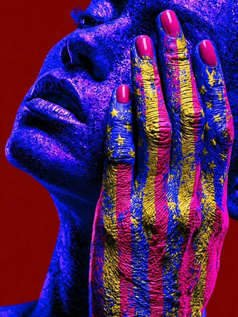 A close-up portrait of a person's face and hand covered in blue, pink, and yellow body paint, with stars on the hand, against a red background.