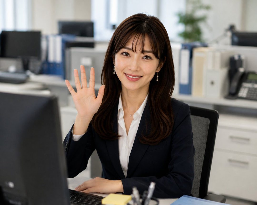 A smiling East Asian woman in a dark suit and white blouse waves hello while sitting at a desk in an office.