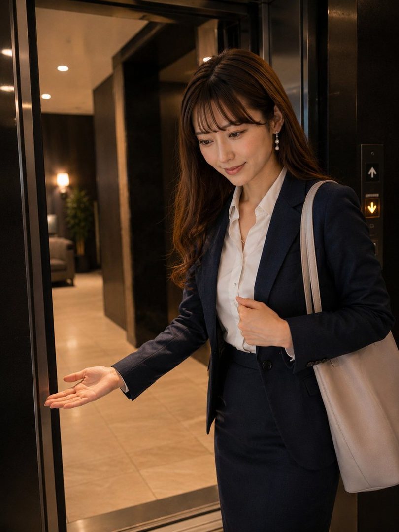 A professional East Asian woman in a navy blue suit opens an elevator door, holding a light-colored tote bag.