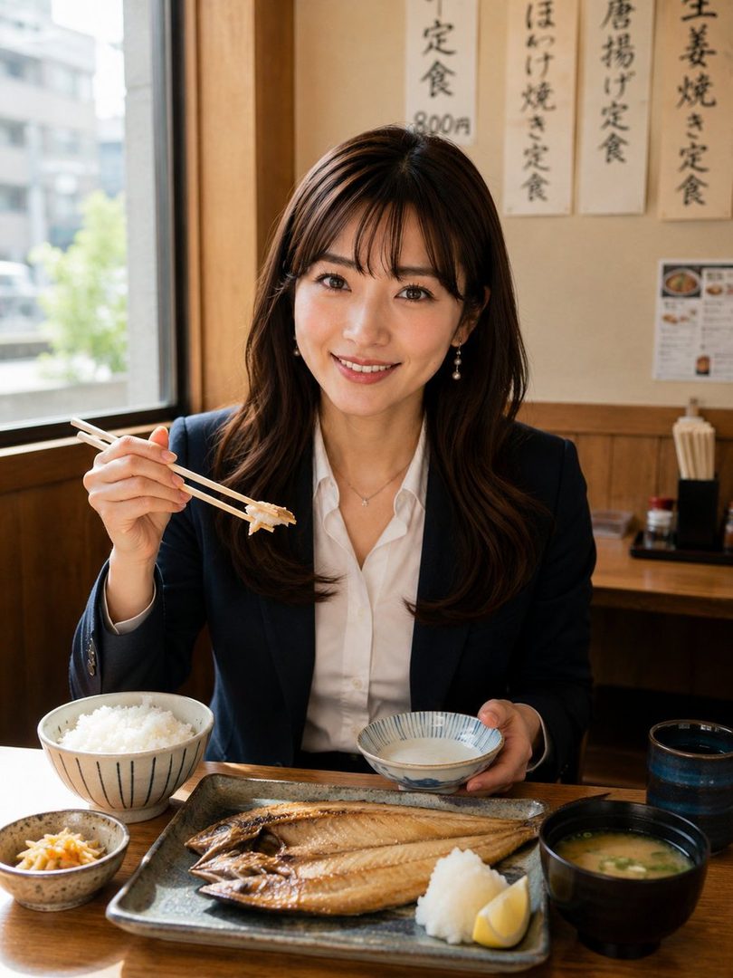 A smiling East Asian woman in a suit and white blouse eats a grilled fish set meal at a Japanese restaurant.