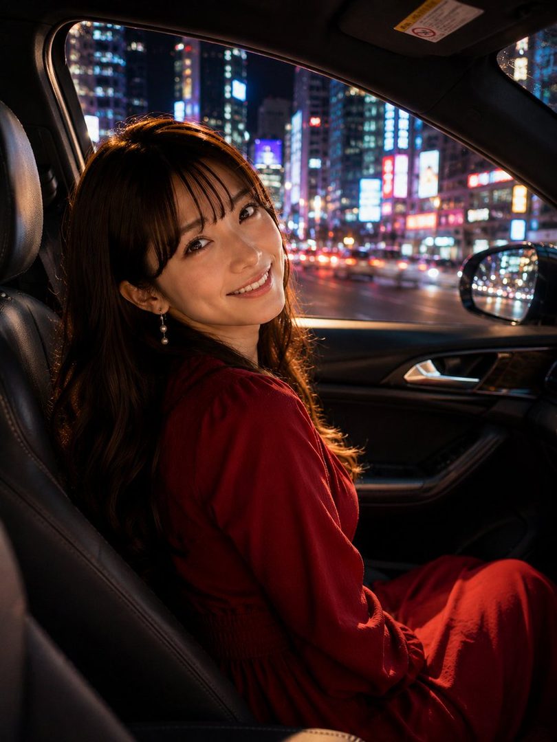 A beautiful East Asian woman with long brown hair smiles warmly while sitting in a car at night, with a blurred city skyline in the background.