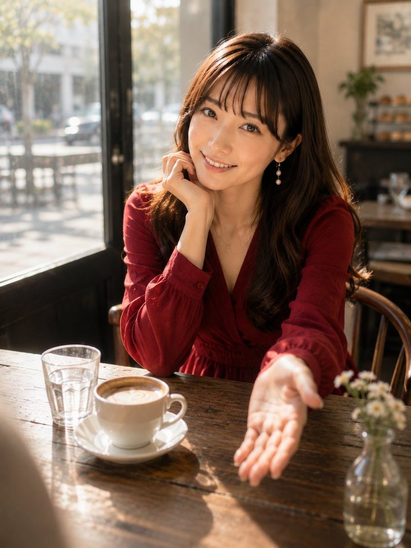 A young East Asian woman with long brown hair smiles warmly while sitting at a wooden table in a cafe, with a cup of coffee and a glass of water in front of her.