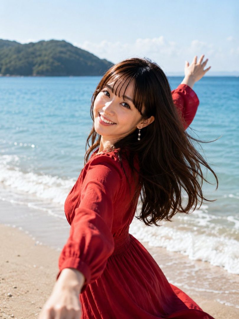 A smiling young woman in a red dress stands on a beach, with the ocean and hills in the background.