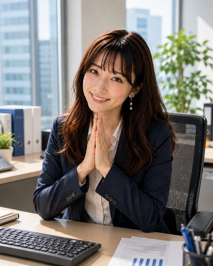A smiling East Asian woman in a suit sits at an office desk, hands clasped in front of her.