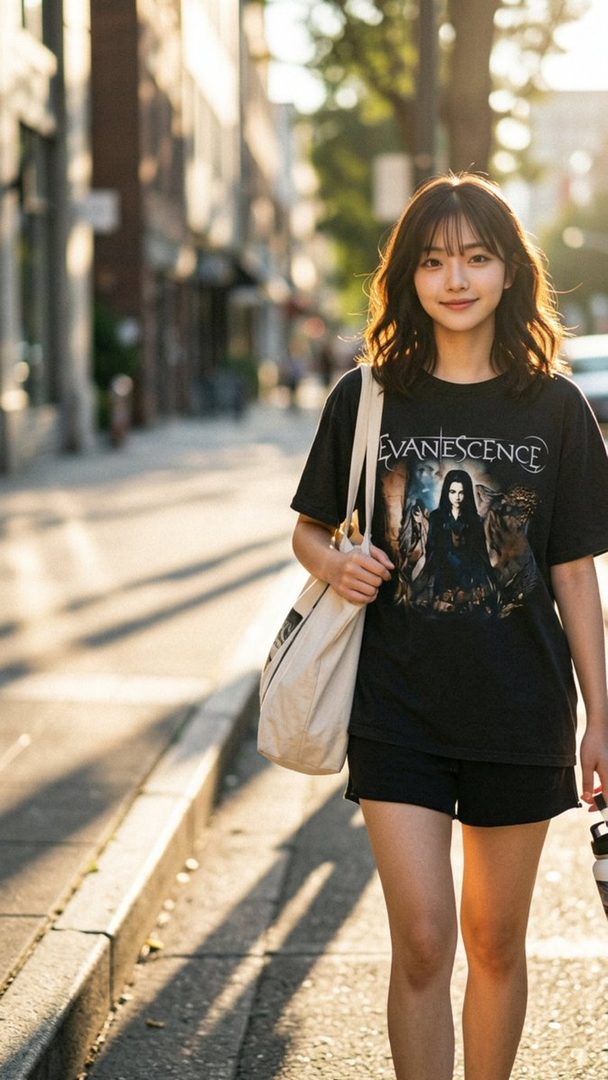 A young woman with wavy dark brown hair and bangs smiles while walking down a city street in a black Evanescence band t-shirt and shorts, carrying a tote bag during golden hour.