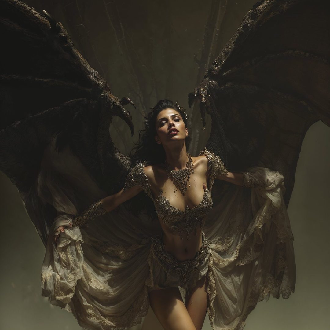 A woman with large dark wings and ornate armor-like clothing poses with her arms outstretched.