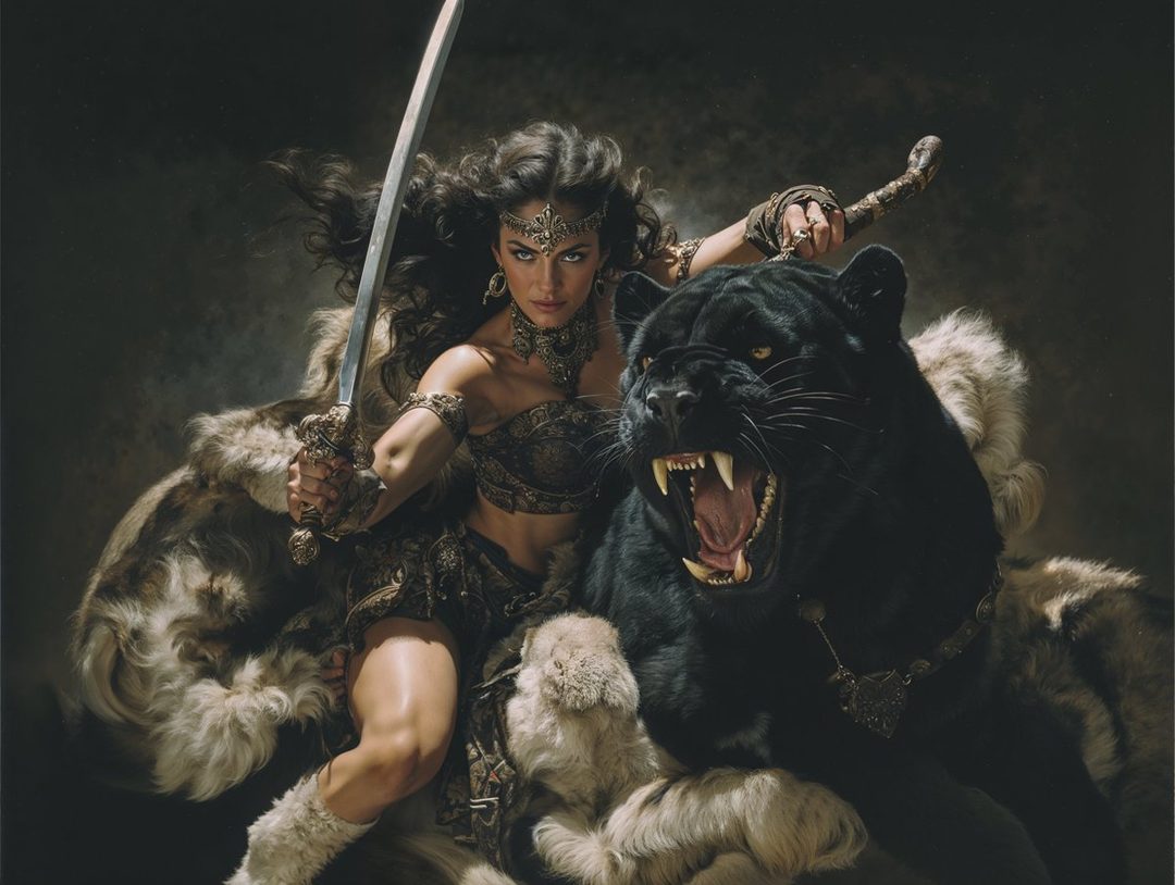 A fierce woman in warrior attire, holding a sword and sitting on a black panther, with a dark, dramatic background.