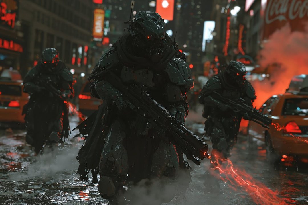 Three futuristic soldiers in dark armor with glowing red eyes and rifles stand in a rainy city street at night, with yellow taxis and neon signs in the background.