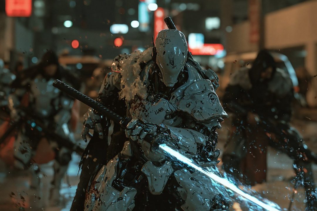 A photorealistic portrait of a futuristic cyborg warrior in white armor holding a glowing blue sword, with other cyborgs in the background on a city street at night.