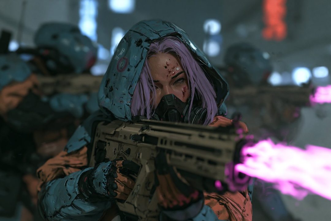 A cyberpunk woman with purple hair and a gas mask aims a futuristic rifle, with other soldiers in the background.