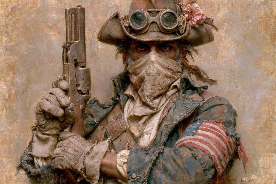 A gritty, photorealistic portrait of a man in steampunk-inspired attire, holding a vintage revolver and wearing goggles and a bandana.