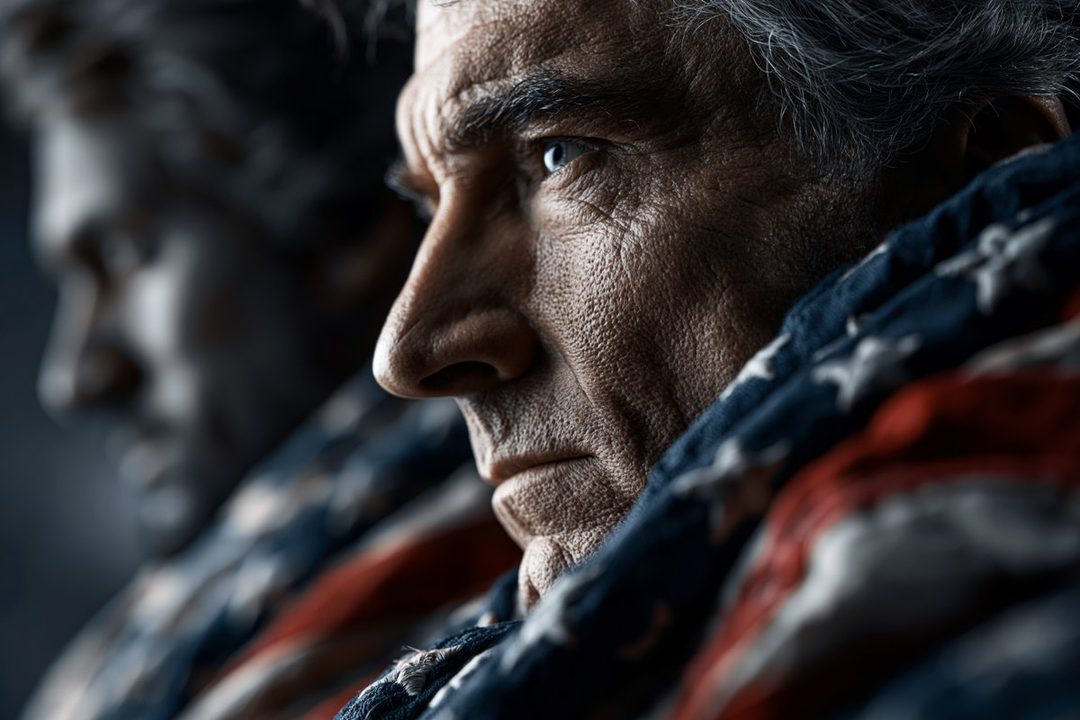 Close-up portrait of an elderly man with gray hair, wrapped in a flag, with a blurred figure in the background.