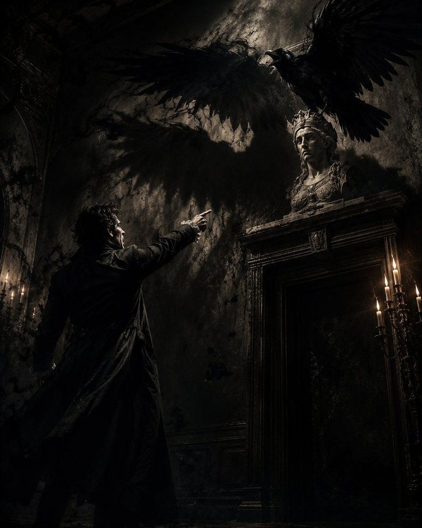 A man in a dark coat points towards a raven perched above a bust in a dimly lit, gothic room.