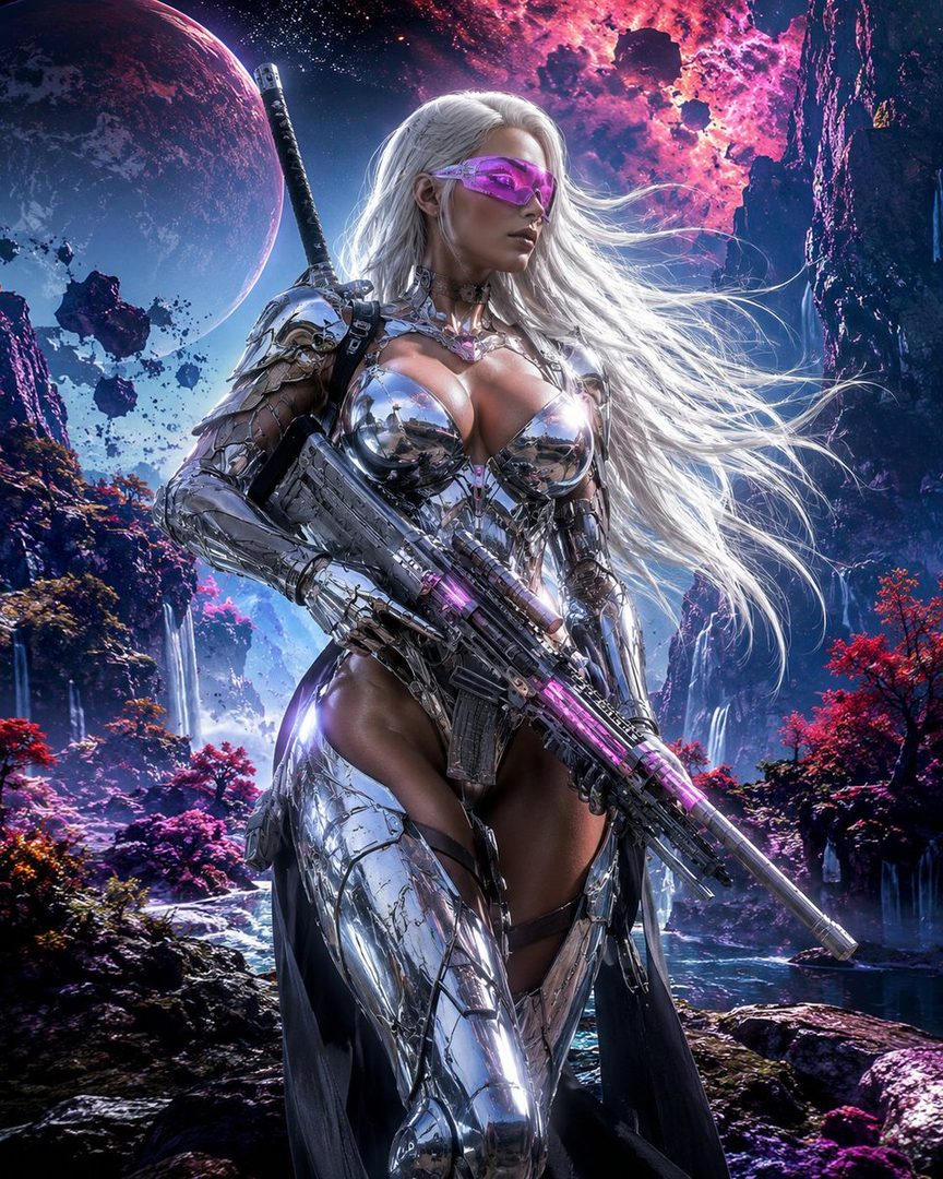 A futuristic female warrior with long white hair, wearing a silver armored bikini and holding a rifle, stands in an alien landscape with waterfalls and a large planet in the sky.