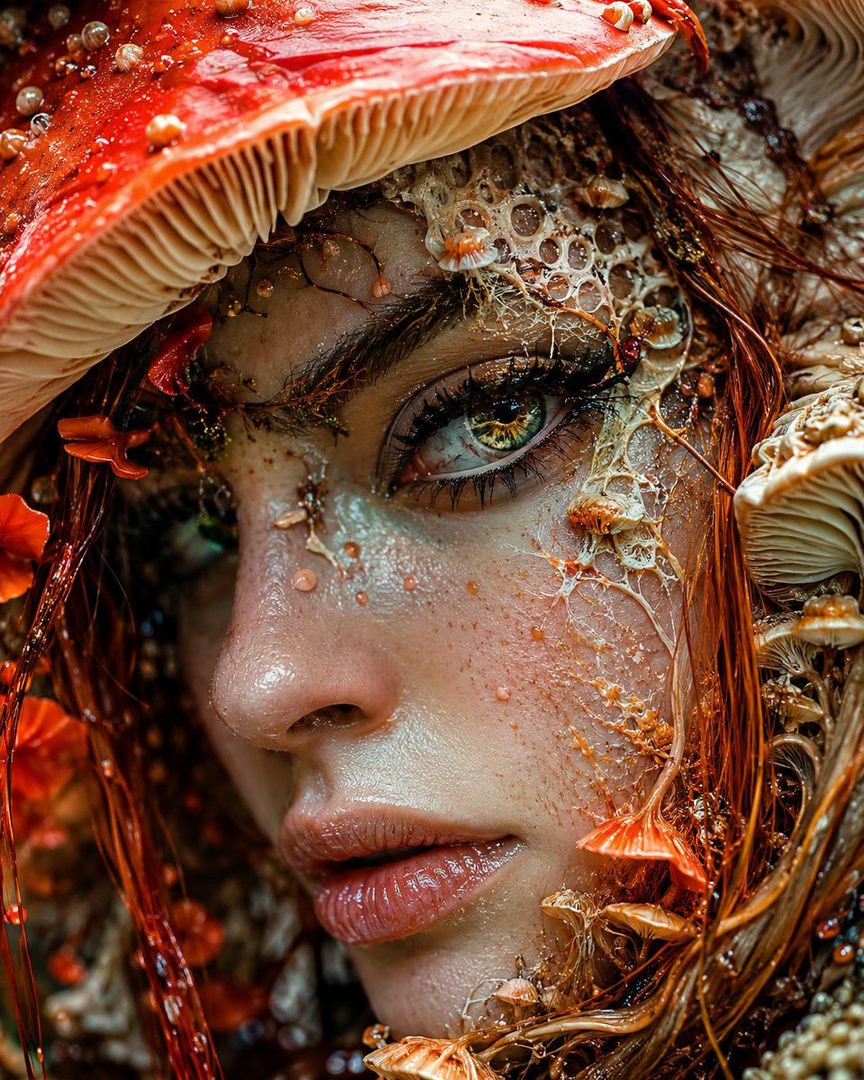 Close-up portrait of a woman with red hair adorned with mushrooms and natural elements, featuring intricate face paint and a dreamy expression.