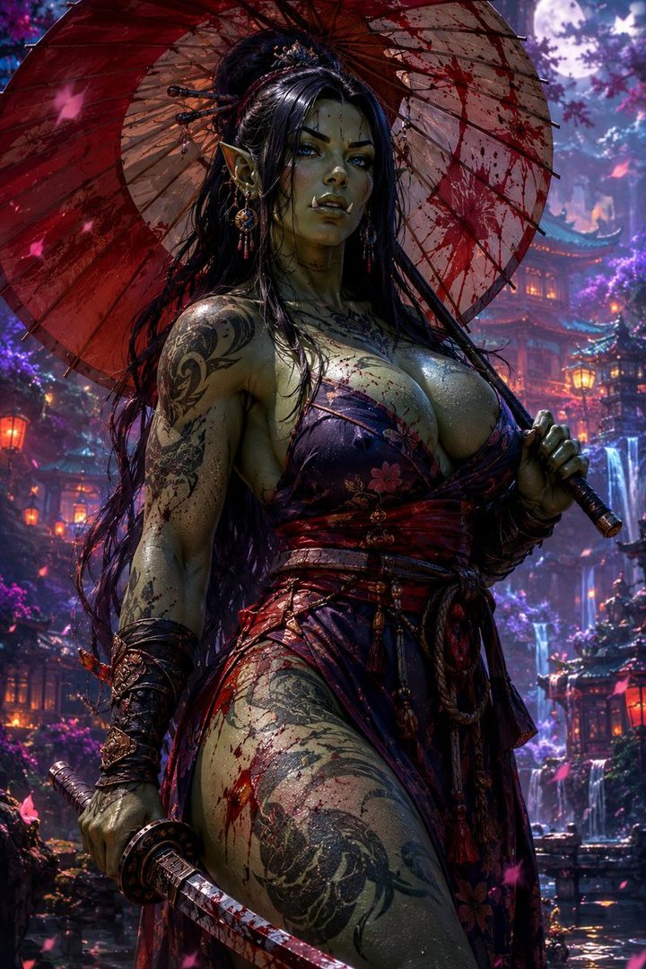 A fantasy portrait of a green-skinned female warrior with black hair, holding a Japanese umbrella and a katana, with a traditional Japanese village in the background.