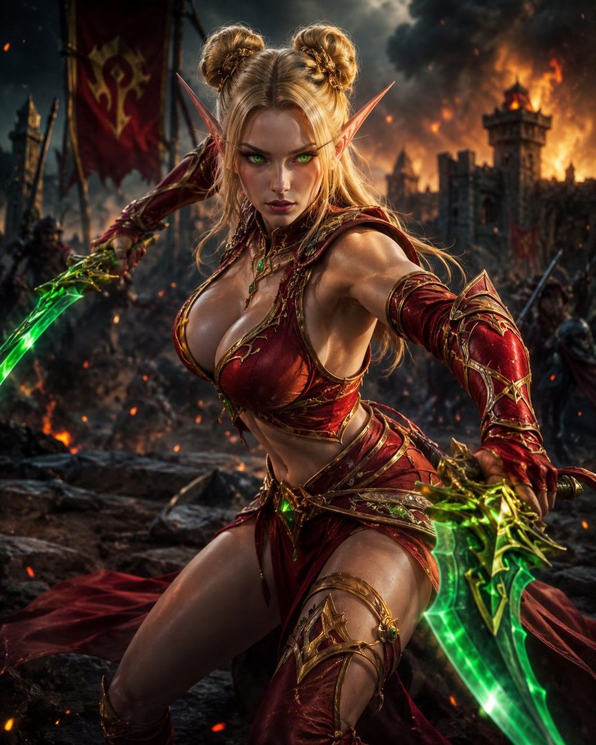 A photorealistic portrait of a blonde elf warrior woman with green eyes, wearing a revealing red and gold outfit and holding two glowing green swords, with a burning castle and battlefield in the background.