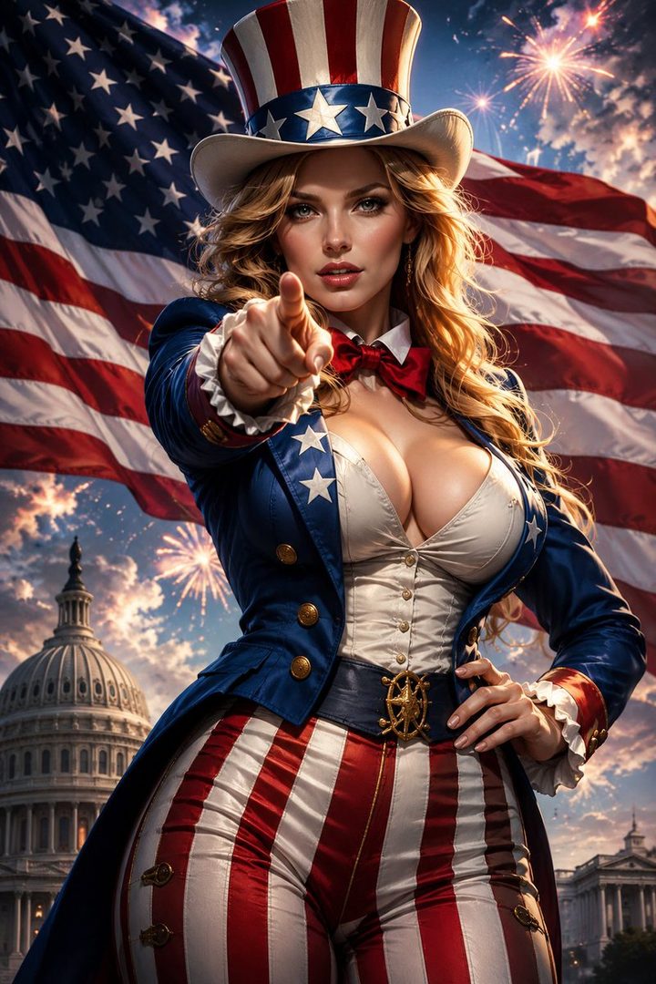 A woman dressed as Uncle Sam points forward with a confident expression, standing in front of the American flag and the Capitol building with fireworks in the background.
