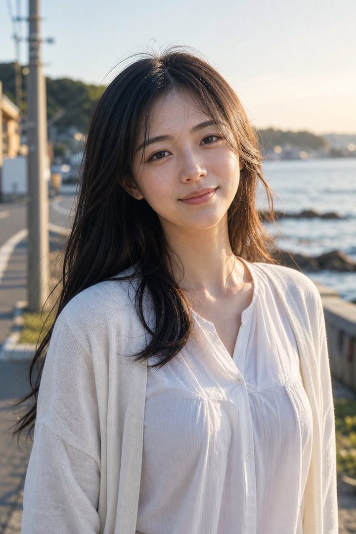 A young woman with long dark hair smiles gently in the golden hour light by the sea.