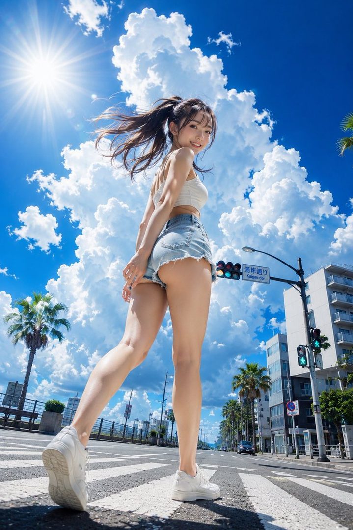 A young woman with a ponytail walks across a street on a sunny summer day, wearing denim shorts and a crop top.