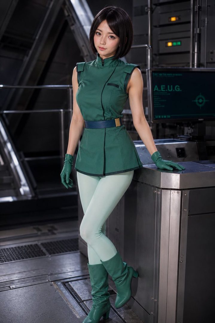 A woman in a green pilot uniform and white leggings poses in a futuristic setting, inspired by the character Emma Sheen from Z Gundam.