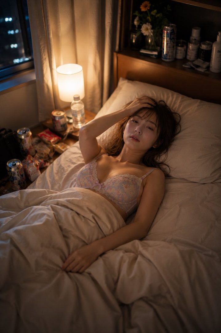 A young woman with long brown hair lies in bed wearing a lace bra, looking tired after a night out.