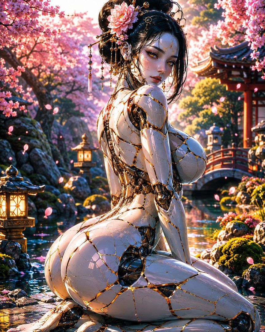A photorealistic AI-generated portrait of a geisha android with kintsugi-inspired detailing, posing in a serene Japanese garden with cherry blossoms in bloom.