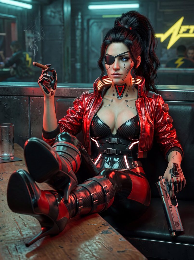 A woman with a black ponytail, an eyepatch, and cybernetic implants, wearing a red jacket and black outfit, sits with a cigar and a gun in a futuristic bar.