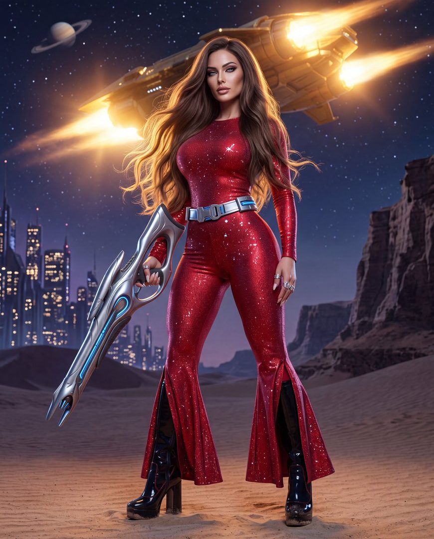 A woman in a sparkling red jumpsuit and black boots holds a futuristic weapon, standing in a desert landscape with a spaceship and city skyline in the background.