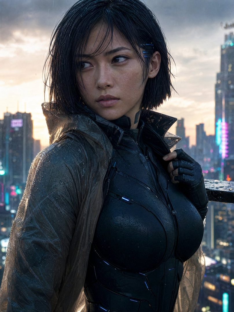 Photorealistic portrait of a woman with short black hair, wearing a futuristic outfit and a translucent jacket, standing on a rooftop overlooking a neon-lit city at dusk.