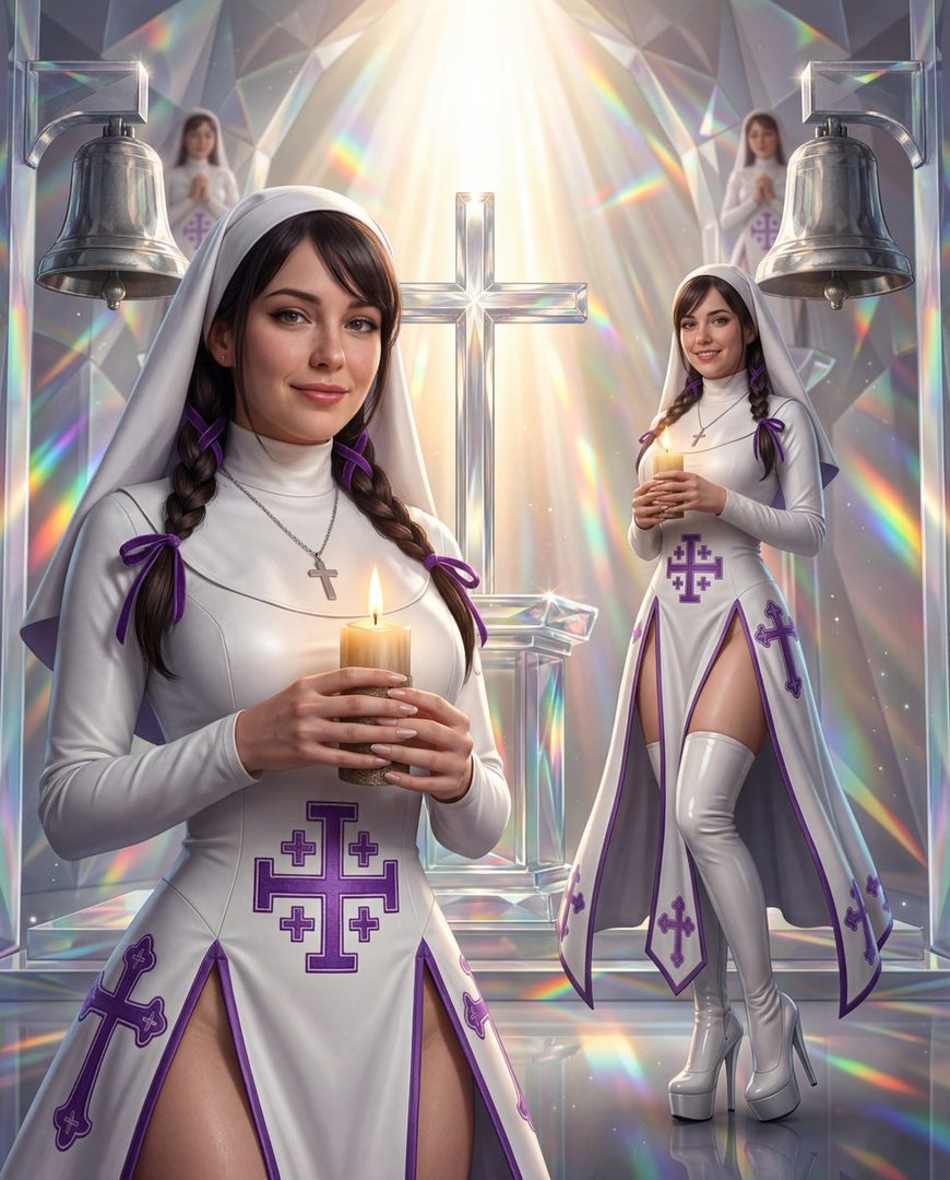 Two AI-generated women in stylized nun outfits with high slits, holding candles in a brightly lit, reflective interior with crosses and bells.