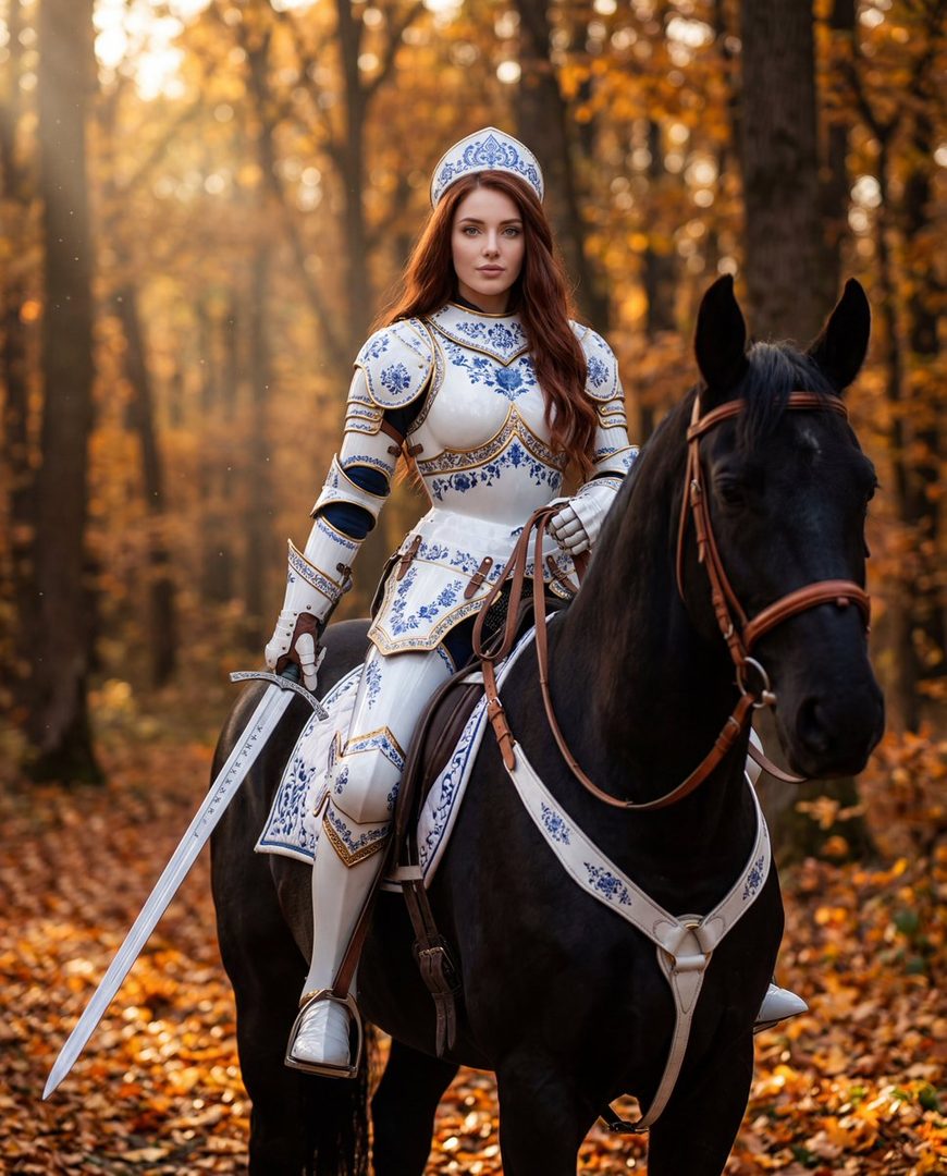 A woman in ornate white and blue armor rides a black horse through an autumn forest.