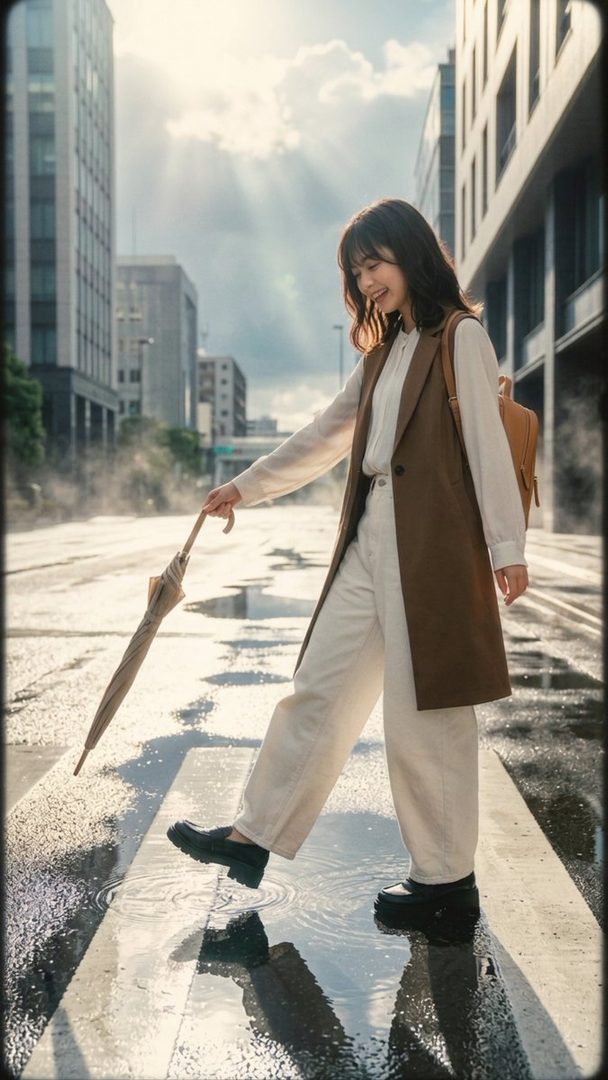A smiling woman in a brown vest and white pants steps over a puddle on a city street after rain, holding a closed umbrella.