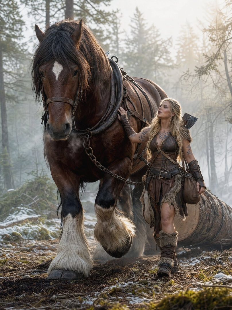 A blonde woman in fantasy warrior attire stands next to a large brown horse in a snowy forest.