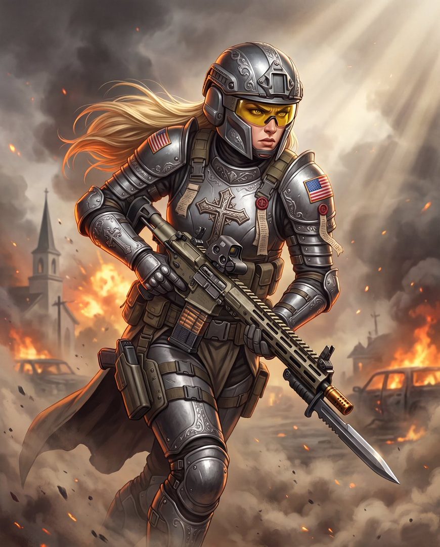 A female soldier in futuristic armor with a rifle, standing in a war-torn city with explosions in the background.