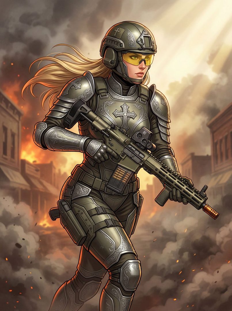 A blonde woman in futuristic armor and tactical gear, holding a rifle, with a city in flames behind her.