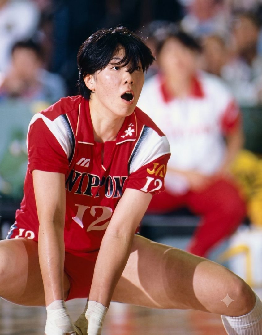 A female volleyball player in a red and white uniform, crouching on the court with an intense expression.
